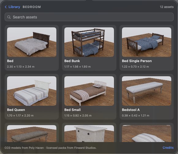 The asset library open on Bedroom: 12 pieces, each with real dimensions