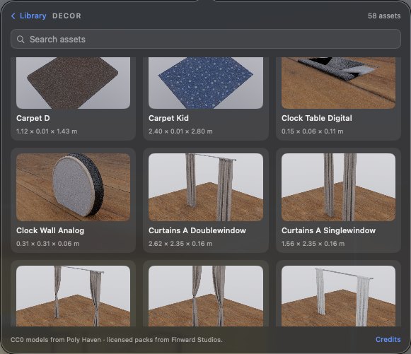 The asset library open on Decor: 58 pieces, each with real dimensions