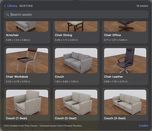 KaveLight's asset library open on Seating: 18 pieces, each with real dimensions