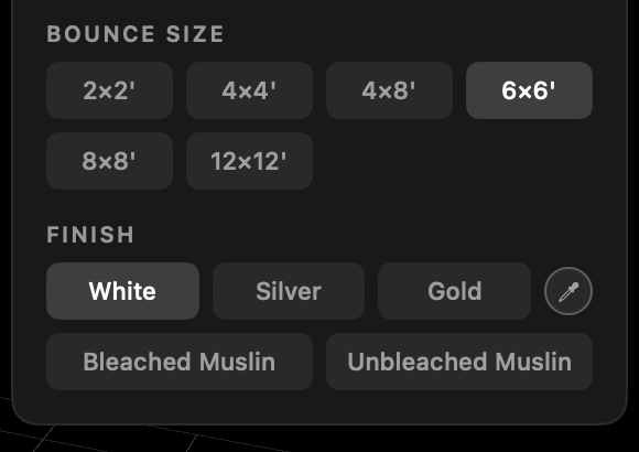 Bounce sizes from 2 by 2 feet up to 12 by 12, in white, silver, gold and muslin