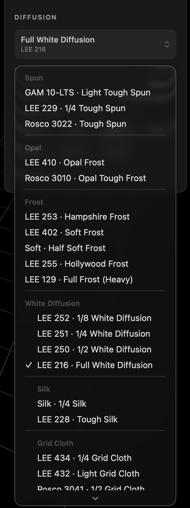 The diffusion list: LEE 216, tough spun, opal frost, hampshire frost, grid cloth and silks