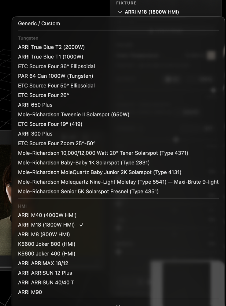 The fixture list: ARRI, Mole-Richardson, ETC Source Four and K5600 Joker units, grouped by tungsten and HMI