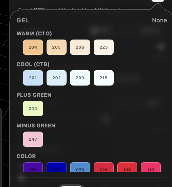 The gel picker: warm CTO, cool CTB, plus green and minus green, listed by their real gel numbers