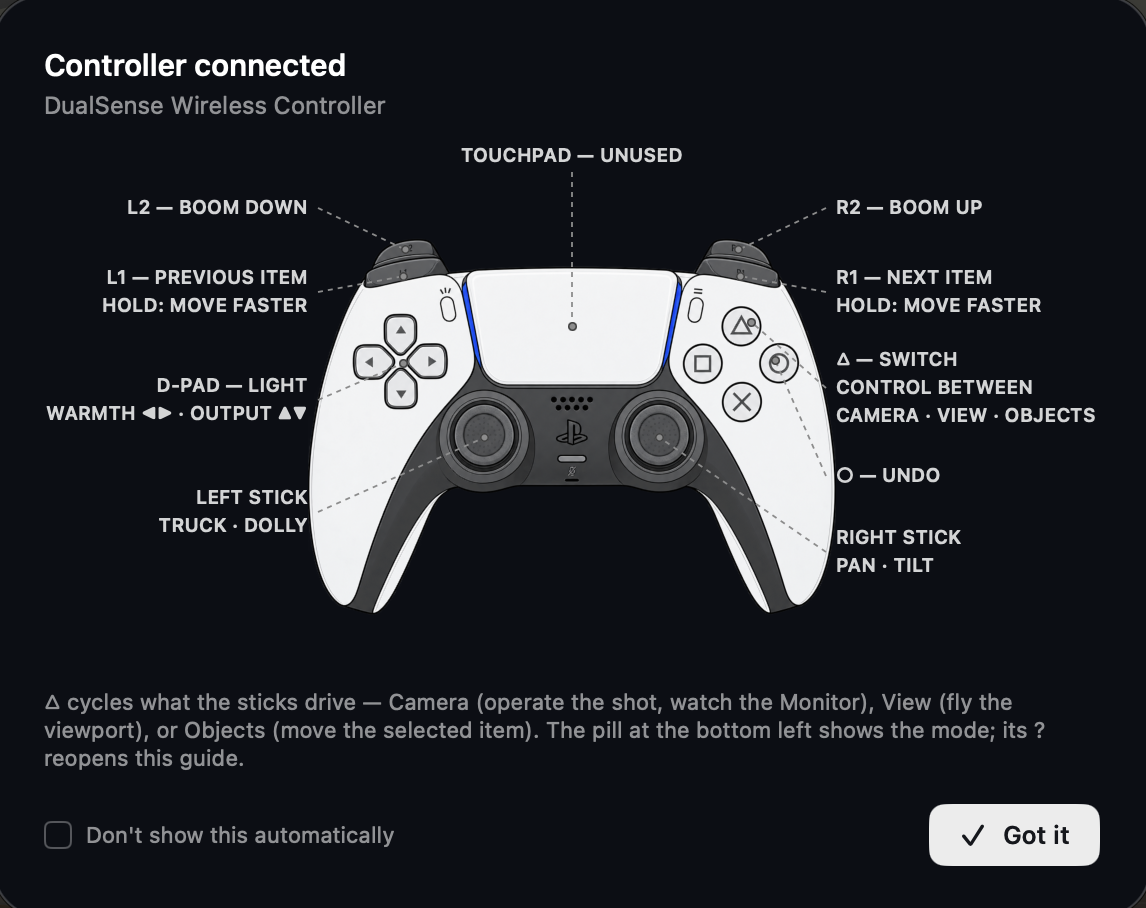 KaveLight's controller guide for a PlayStation DualSense: the sticks truck, dolly, pan and tilt the camera, the triggers boom it, the d-pad sets a light's warmth and output, and triangle switches between camera, view and objects